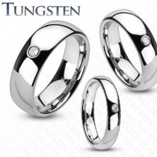 Tungsten ring in silver colour, embedded clear zircon