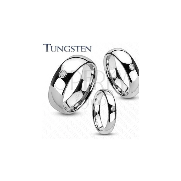 Tungsten ring in silver colour, embedded clear zircon