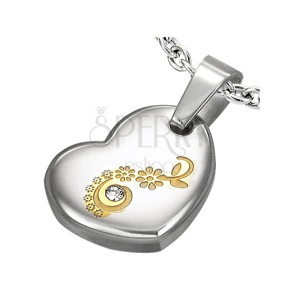 Pendant made of surgical steel, heart with flowers and clear zircon