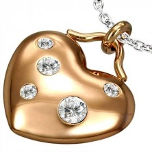 Steel pendant - shape of heart with zircons, copper color