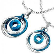 Steel couple pendants - silver-blue color, tangled rings, zircons