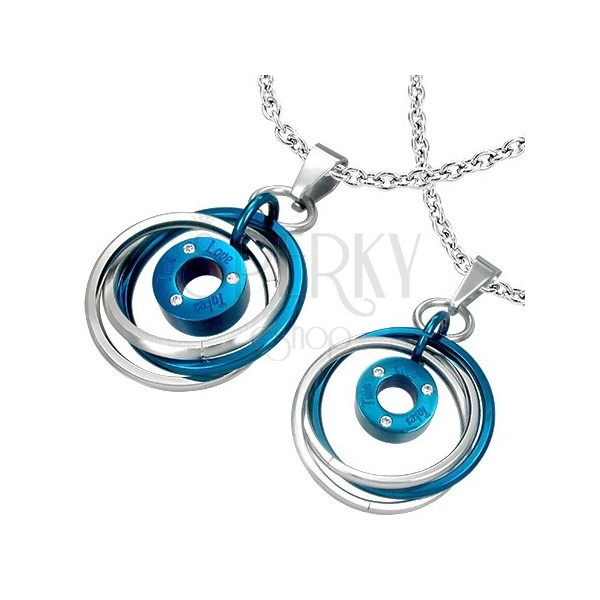Steel couple pendants - silver-blue color, tangled rings, zircons