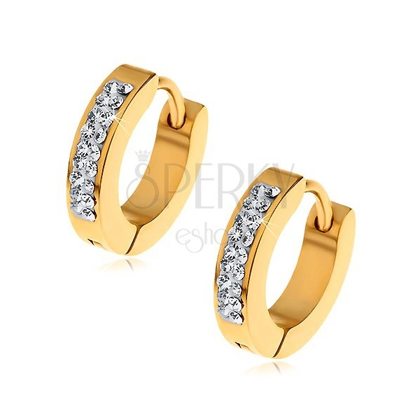 Round steel earrings in gold colour - zircon strips
