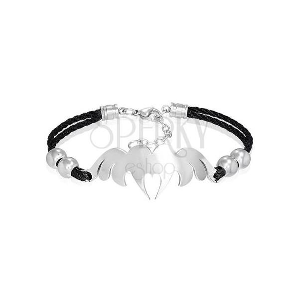 Bracelet - heart with angel wings, steel, cords