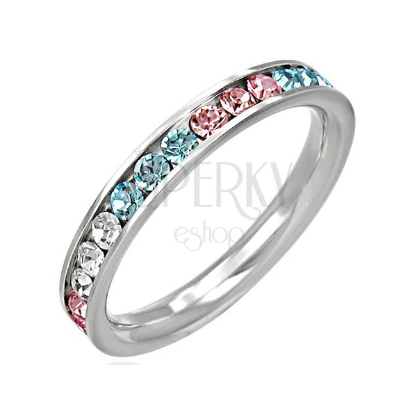 Stainless steel ring - zircons in three colours