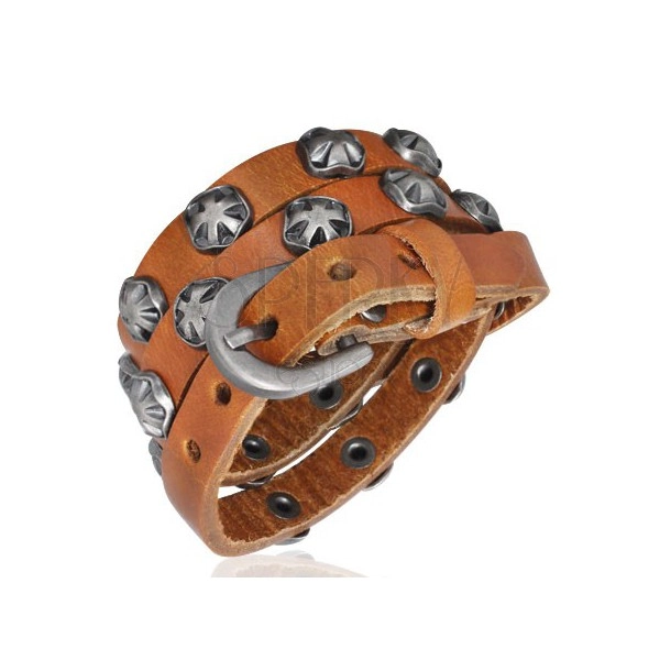 Narrow leather bracelet - Maltesian symbol, caramel