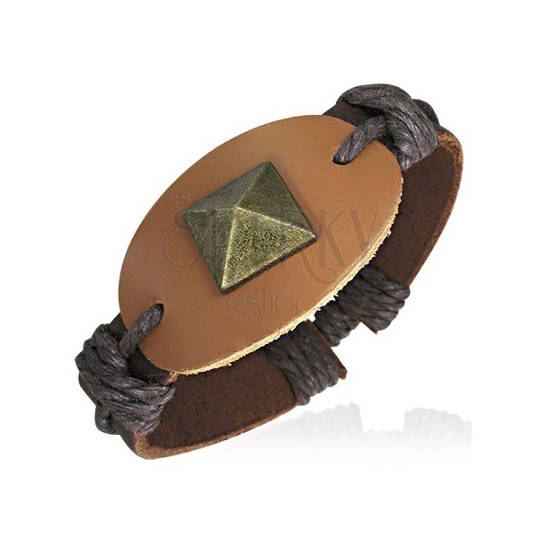 Cord leather bracelet - oval tag, stud