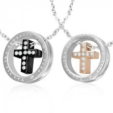 Couple pendants - cross with zircon in a ring, black, golden