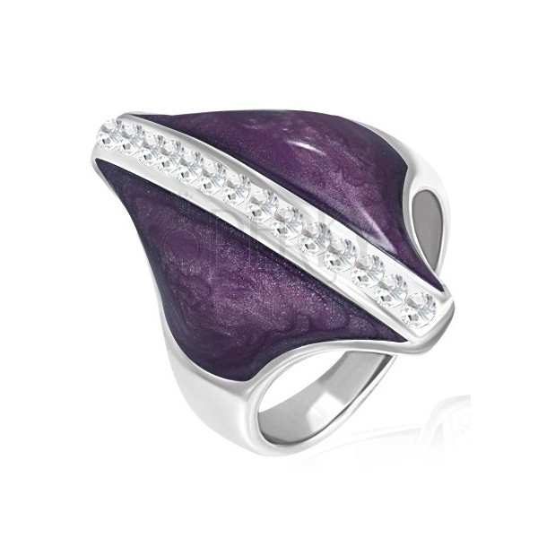 Stainless steel ring - purple rhombus, line of zircons