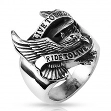 Stainless steel ring with eagle and inscriptions