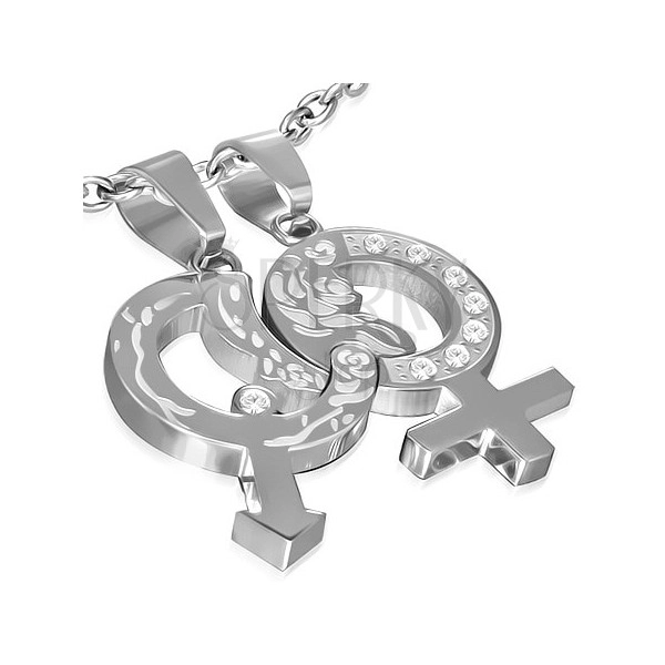 Couple pendants - gender symbols, zircons