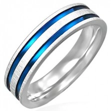 Matt steel ring with two blue-purple stripes