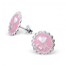 Sterling silver 925 earrings - decorative circle with heart, pink