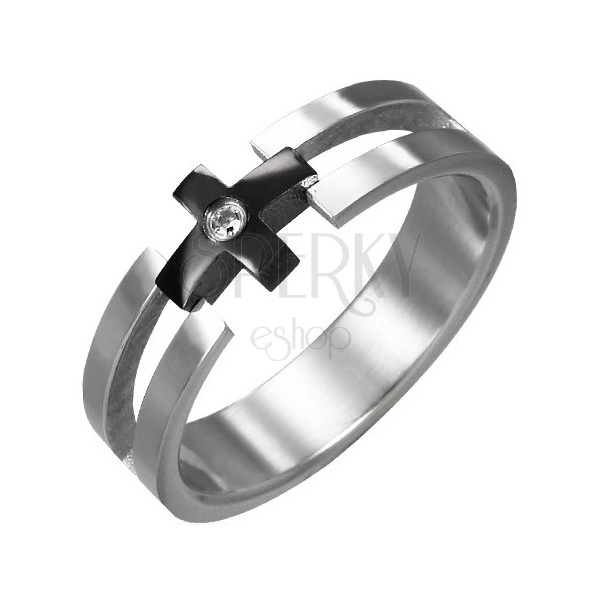 Steel ring - black cross, clear zircon