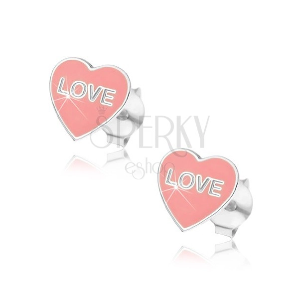 Silver 925 earrings - pink heart, Love
