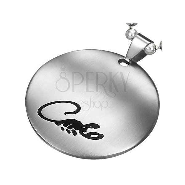 Round pendant made of surgical steel in silver colour with black scorpion