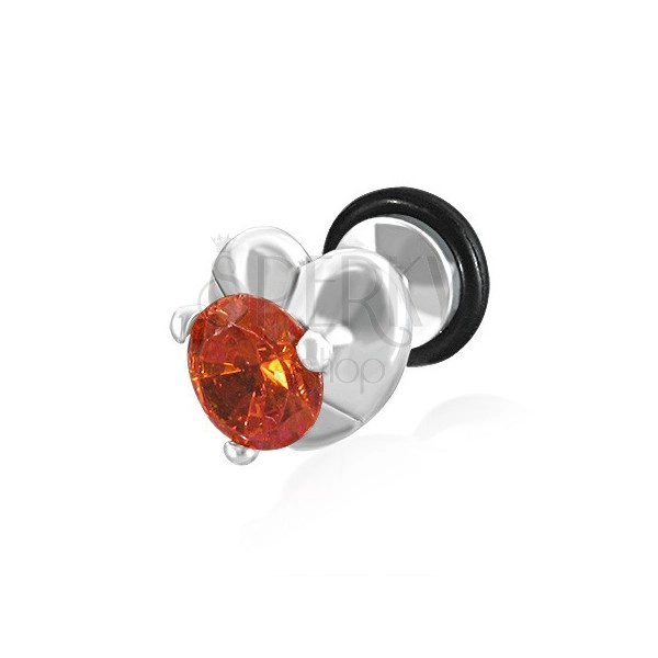 False ear plug - heart with orange-red zircon