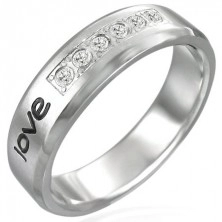 Stainless steel ring - "LOVE" inscription, six zircons
