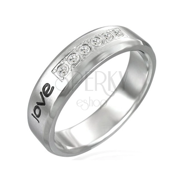 Stainless steel ring - "LOVE" inscription, six zircons