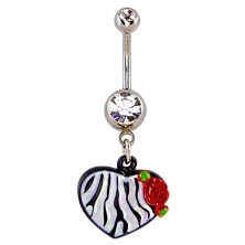 Belly button bar - heart, black-white zebra, rose