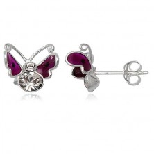Sterling silver earrings 925 - flying butterfly, purple wings with dot