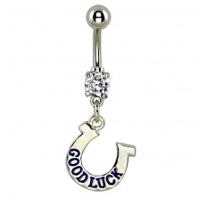 Belly button ring - horseshoe, blue GOOD LUCK inscription