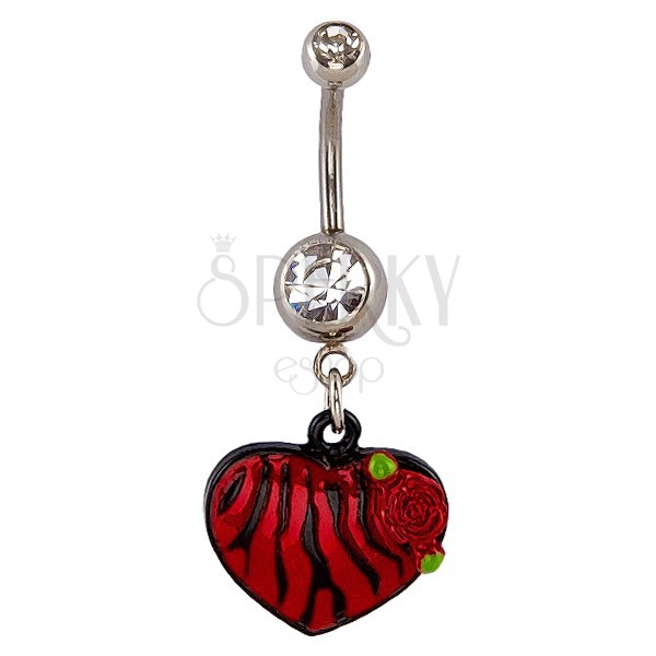 Belly bar - zebra patterned heart in red and black colour, rose