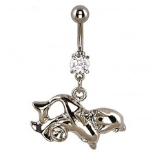 Belly bar - two crossed dolphins, zircon near tails