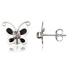 Silver 925 earrings - shiny, black butterfly, clear zircon