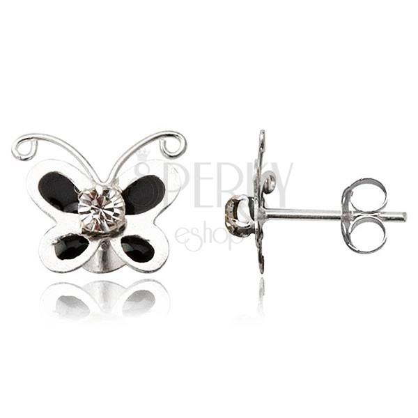 Silver 925 earrings - shiny, black butterfly, clear zircon