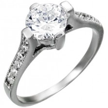 Engagement ring made of surgical steel, big round zircon, zircon lines on shoulders