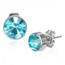 Round stud steel earrings - light blue zircon