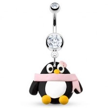 Belly bar - pinguin, pink scarf and flower, zircons