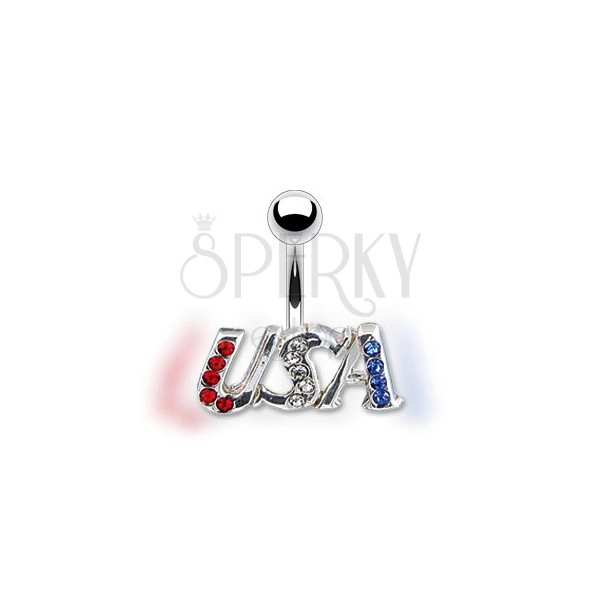 Belly button ring - USA acronym, three colours of zircons