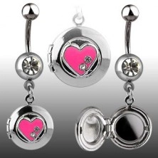 Belly button ring - round locket, heart, zircons