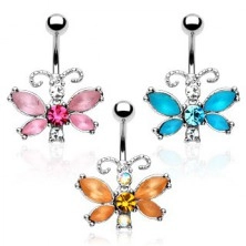 Belly ring - butterfly, colorful zircons, patterned antennae