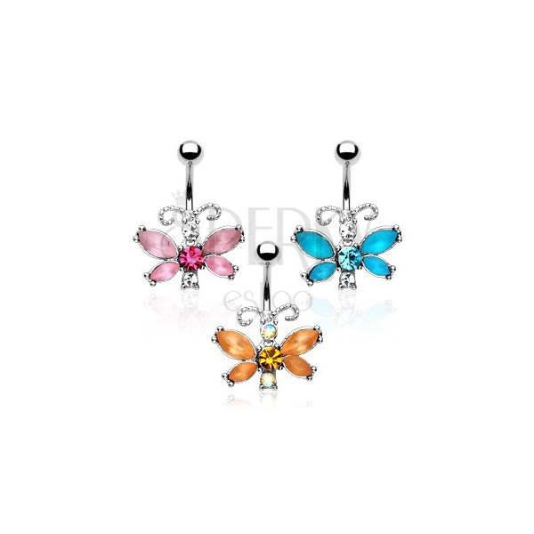 Belly ring - butterfly, colorful zircons, patterned antennae