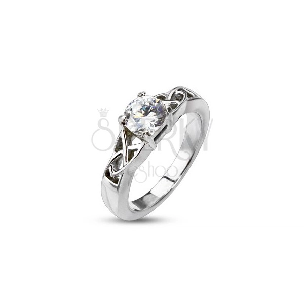 Steel engagement ring - tangled pattern, round zircon