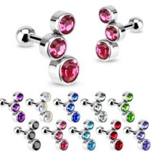 Steel ear tragus piercing - three embedded zircons, available in various colours