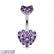 Belly bar - two pave gemmed hearts 