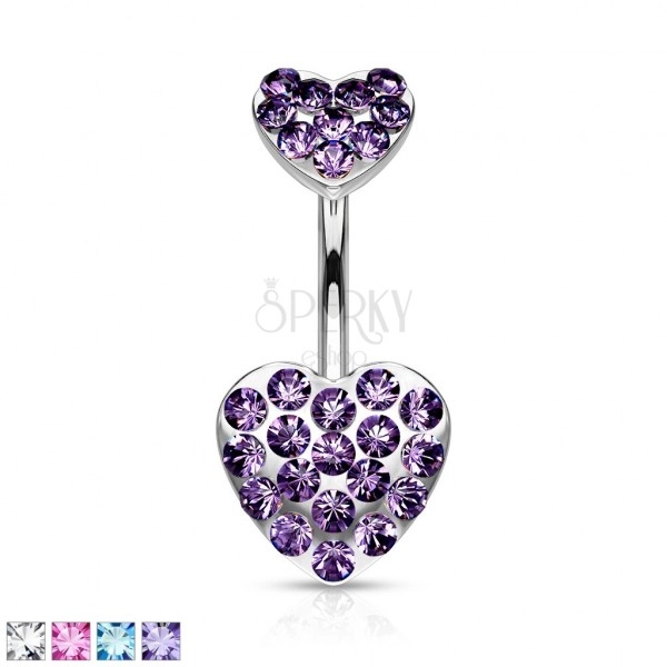 Belly bar - two pave gemmed hearts 