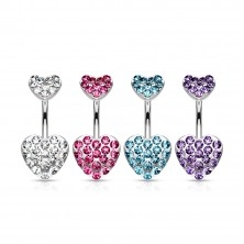 Belly bar - two pave gemmed hearts 