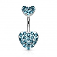 Belly bar - two pave gemmed hearts 