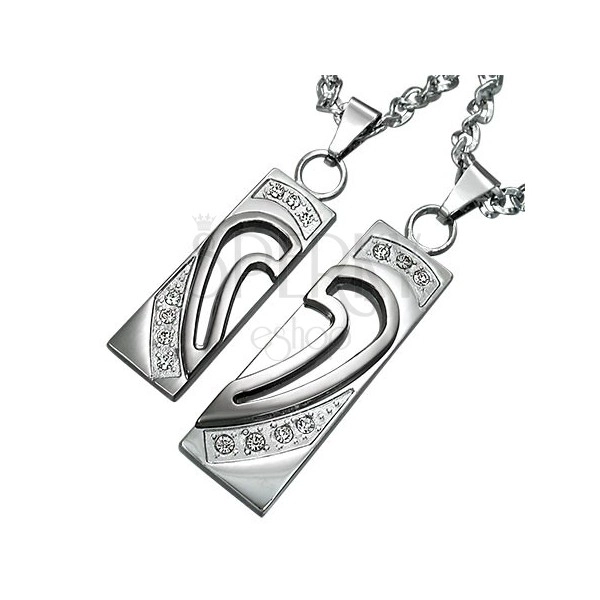 Pendants made of surgical steel, heart split into two halves with zircons
