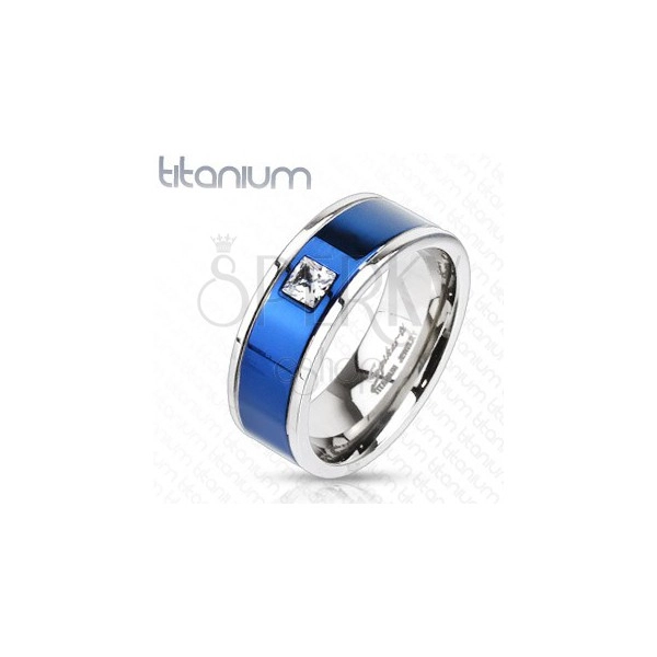 Ring made of titanium with blue line and square zircon