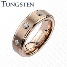 Tungsten ring in fine copper hue, three clear zircons