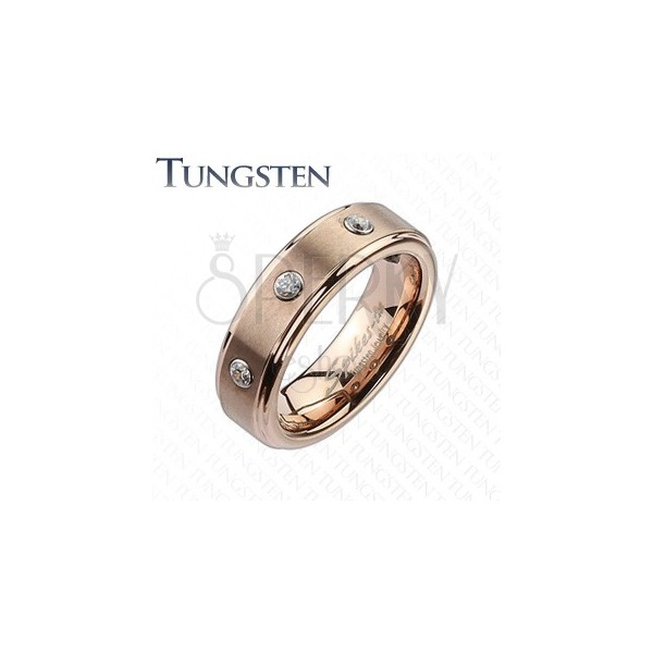 Tungsten ring in fine copper hue, three clear zircons