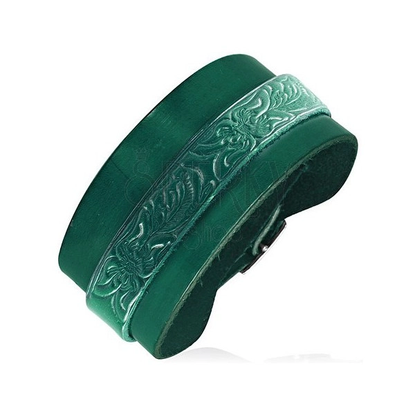 Leather bracelet with a floral pattern - green