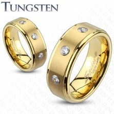 Tungsten ring with sanded central part and three zircons