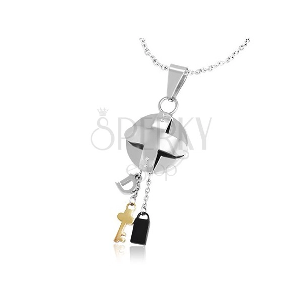 Steel three colour pendant - locket with a cross and small pendants